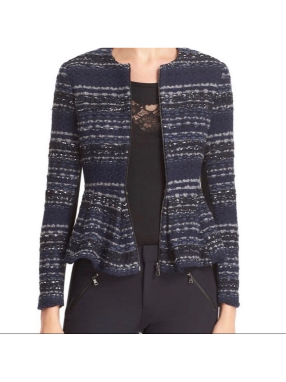 Rebecca Taylor Navy and Black Striped Peplum Zip Cardigan